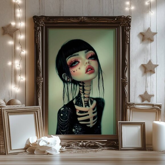 8.5x11 Goth Girl Skeleton Art Print | Surreal Dark Doll Portrait with Black Hair - Picture 5 of 5